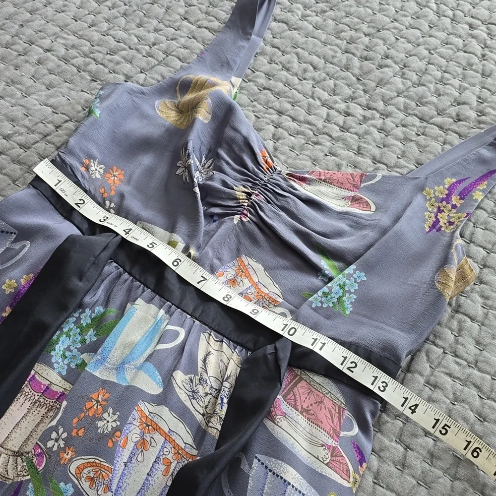 Anthropologie Dress By FLOREAT Teacup Print Purple Silk "Sugar & Cream Dress" - Picture 6 of 16